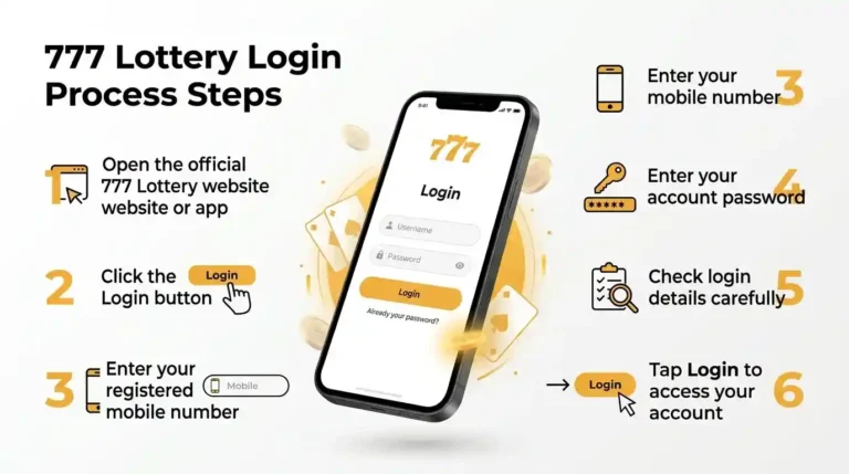 777 Lottery login process steps infographic with app login guide