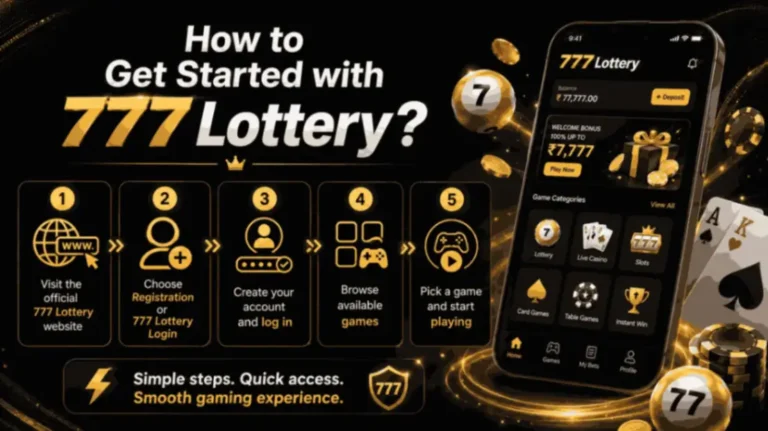 Infographic showing how to get started with 777 Lottery, featuring five simple steps, a mobile app screen, gaming icons, lottery balls, cards, and chips in a black, white, and gold color scheme.